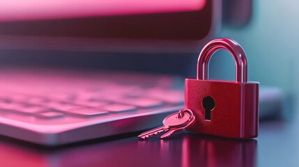 Naklejka premium A red padlock with two keys next to a laptop keyboard under pink lighting.