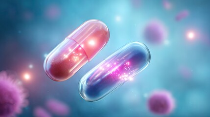 Glowing Probiotic Capsules with Bacteria Shapes on Blue Background – Gut Health Concept