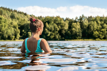 Swimming in lake in nature of Finland. Woman, water and forest. Summer at beach. Finnish bathing in river. Back view of person. Blue sky and beautiful green trees. Happy people relax in Scandinavia.