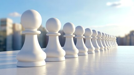 Fototapeta premium A row of white chess pawns neatly arranged on a flat surface with a blurred city skyline.