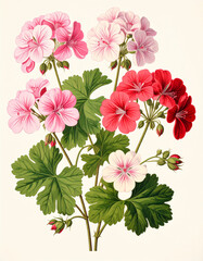 Obraz premium Ilustracja vintage, kolorowe kwiaty Pelargonii na białym tle, tapeta, dekoracja. Generative AI