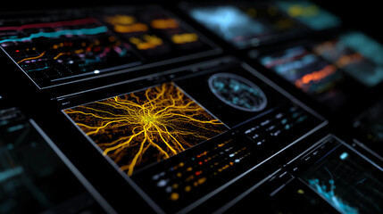 Obraz premium AI neural network simulation on glowing screens, ultramodern interface