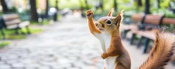 Fototapeta premium Squirrel raises its arm in a park setting on pathway