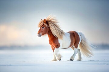 Obraz premium Minimalist Shetland Pony, Skewbald Horse, White Field, Single Animal Photography