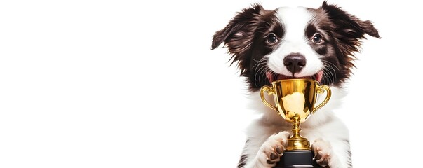 Border collie puppy holding a golden trophy in its mouth