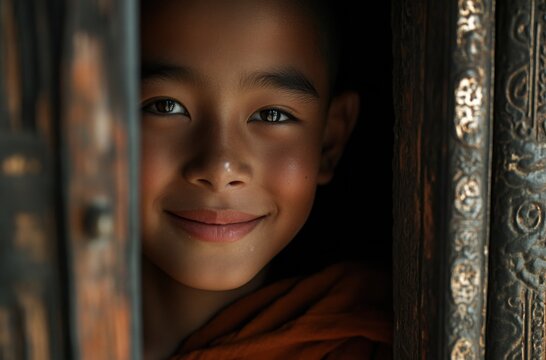 a novice monk face smiling while peeking out from a traditional temple doorway - Powered by Adobe