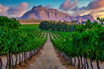 Vibrant vineyard landscape at sunset in Stellenbosch with majestic mountains in the background