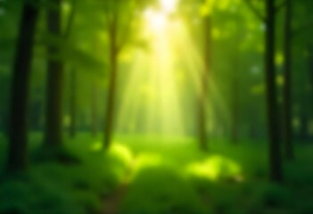 Obraz premium Photorealistic blurred forest background with sun rays, green foliage bokeh, soft depth of field, natural lighting, HD