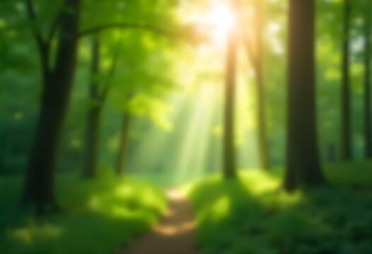 Photorealistic blurred forest background with sun rays, green foliage bokeh, soft depth of field, natural lighting, HD