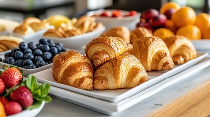 A plate of croissants with fruits and mint leaves arranged on a table.