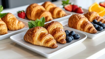 A plate of croissants with fruits and mint leaves arranged on a table.