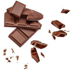 Chocolate bar  pieces  Explosion. Levitating dark chocolate pieces shattering isolated on white background. Falling  Chocolate chunks with choco crumbs. Package design element