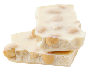 Broken white chocolate bar with hazelnuts isolated on white background. Milk white chocolate in a stack closeup.