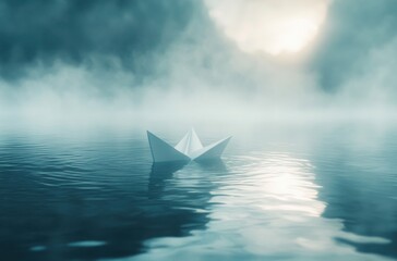 Obraz premium a delicate white paper boat floating on calm blue water