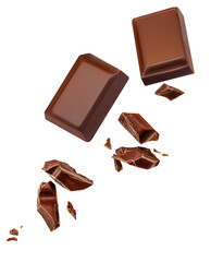Chocolate bar  pieces  Explosion. Levitating dark chocolate pieces shattering isolated on white background. Falling  Chocolate chunks with choco crumbs. Package design element