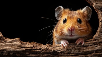A cute hamster peeks out from a burrow in a bark-covered backdrop, capturing an endearing moment that showcases the playful and inquisitive nature of this small pet.