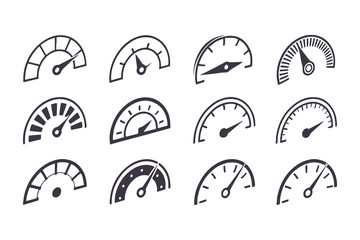 Speedometer Vector Icon Set. Automotive Dashboard Elements Including Speed, Fuel, RPM, and Tachometer Gauges for Speed Measurement and Car Instrument Panels