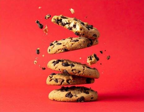 A stack of three chocolate chip cookies with gooey, melted chips dripping down, set against a bold red background for a rich, mouthwatering contrast.