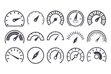 Speedometer Vector Icon Set. Automotive Dashboard Elements Including Speed, Fuel, RPM, and Tachometer Gauges for Speed Measurement and Car Instrument Panels