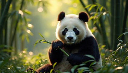 Obraz premium Close-up of a Panda Eating Bamboo Leaves
