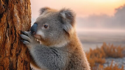 Obraz premium Endangered species affected by fire and climate change concept. A serene koala resting against a tree at sunrise.