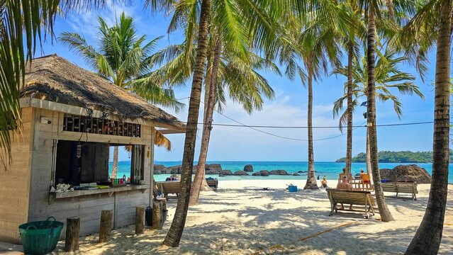 Relaxing beachside retreat with swaying palm trees and azure waters in tropical paradise