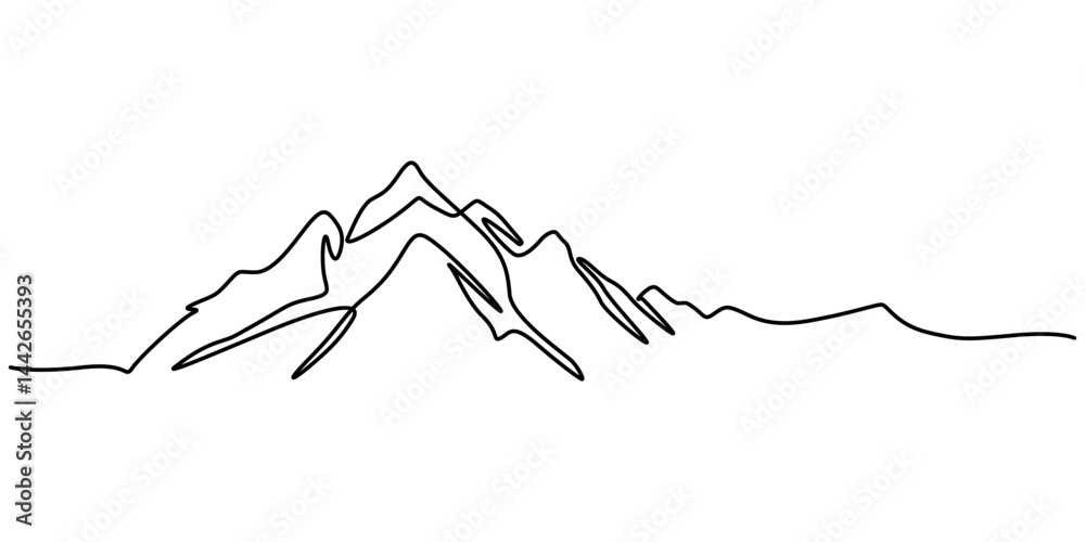 Poster Minimalist mountain continuous one line drawing vector illustration, Continuous one line drawing of mountain range landscape. Adventure winter sports concept. Doodle hand drawn pro vector illustration