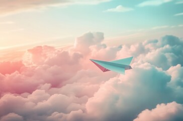 Fototapeta premium Ethereal close-up of a paper airplane flying high among soft dreamy clouds