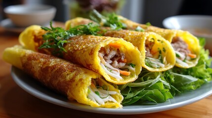 Crispy Vietnamese banh xeo, sizzling rice flour crepes filled with pork and shrimp, served hot and crunchy, capturing the vibrant flavors of Vietnamese street food. 