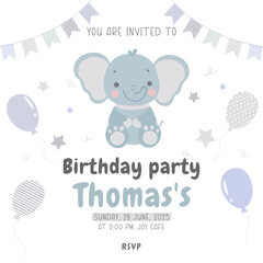 Vector illustration of a birthday invitation with a cute elephant holding a balloon, colorful bunting flags, and stars on a white background. Ideal for kids’ parties, baby showers, and nursery decor.