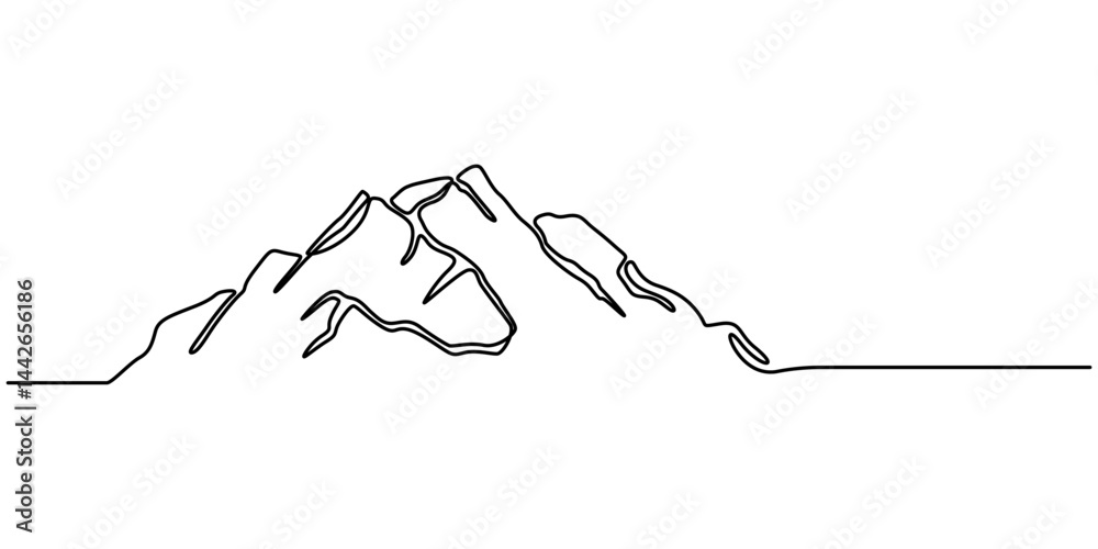 Poster Minimalist mountain continuous one line drawing vector illustration, Continuous one line drawing of mountain range landscape. Adventure winter sports concept. Doodle hand drawn pro vector illustration