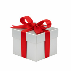 White Gift Box with Red Ribbon Holiday Present Image