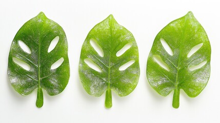 Obraz premium Three monstera leaves layered for depth on white background