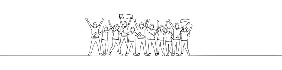 Obraz premium Cheerful crowd cheering continuous one line drawing. Hands up. Group of applause people.