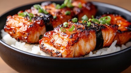 An appealing plate of grilled salmon fillets adorned with green onions sits atop a bed of rice, representing culinary artistry and gastronomic delight in a vibrant presentation.