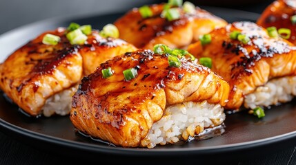 Savor the rich flavors of grilled salmon sushi adorned with a glossy glaze and green onions, a delightful representation of culinary craftsmanship and modern dining.