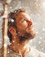 Jesus carrying cross good Friday. Man Looking Up to Heaven Holding a Cross with Hope in a Snowy Atmosphere