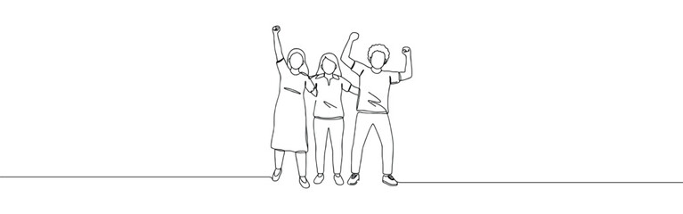 Obraz premium Cheerful crowd cheering continuous one line drawing. Hands up. Group of applause people.