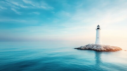 A picturesque lighthouse stands majestically on a rocky island, surrounded by calm waters under a vast, serene sky, evoking feelings of peace and solitude in nature's beauty.
