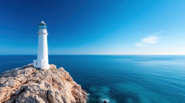A stunning lighthouse stands proudly on a rocky cliff, overlooking the calm ocean waters under a bright blue sky, symbolizing guidance and safety for sailors.