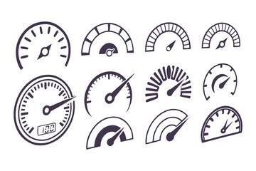 Speedometer Vector Icon Set. Automotive Dashboard Elements Including Speed, Fuel, RPM, and Tachometer Gauges for Speed Measurement and Car Instrument Panels