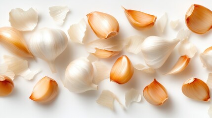 A collection of various garlic bulbs and cloves displayed artistically on a plain white background, highlighting their unique shapes and textures in culinary context.