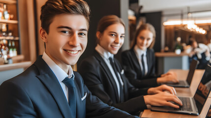 Happy business team of young professionals smiling and looking at the camera in a modern office setting, showcasing teamwork, diversity, and positive workplace culture in a corporate environment.
