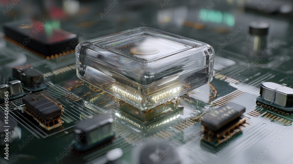 Poster Realistic computer processor placed on a printed circuit board demonstrating modern technology and engineering skills