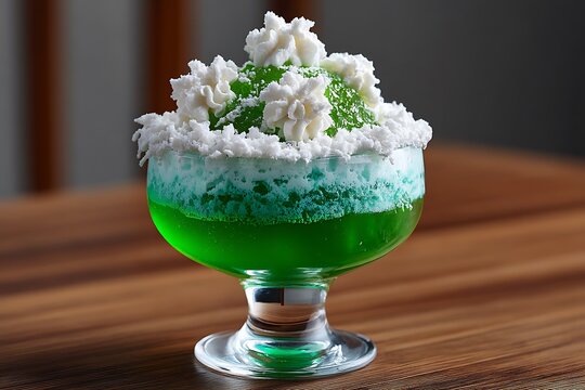 Filipino buko pandan dessert, a sweet coconut and pandan jelly served in a vibrant glass with crushed ice and cream, showcasing the richness of Filipino desserts. 