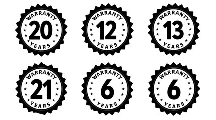 Set of warranty badges isolated on a white background - featuring various styles and durations, ideal for product packaging, quality assurance, and customer trust visuals.