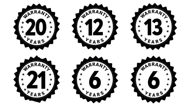 Set of warranty badges isolated on a white background - featuring various styles and durations, ideal for product packaging, quality assurance, and customer trust visuals.