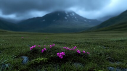 Fototapeta premium Small pink wildflowers bloom in a green grassy valley under dark cloudy mountains.
