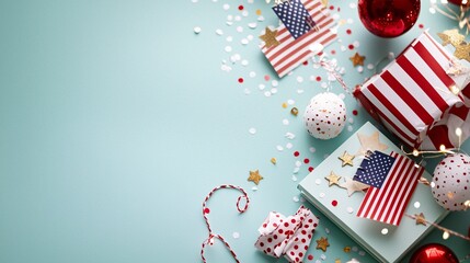 Obraz premium American Flag Day Concept. Festive Holiday Gifts with Stars and Stripes Decorations