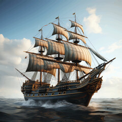 Classic Galleon with Billowing Sails.
